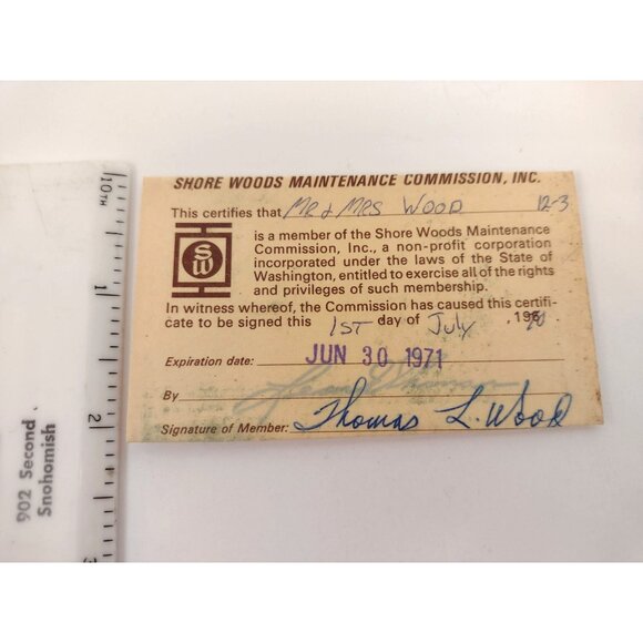 Vintage 1971 Shore Woods Membership Certificate Card Washington State - Picture 2 of 3